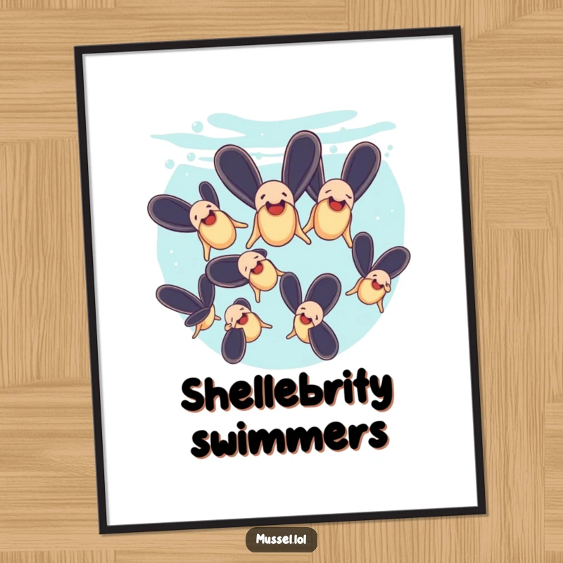 Funny digital art print of mussels performing a synchronized swimming routine underwater, creating a whimsical scene.