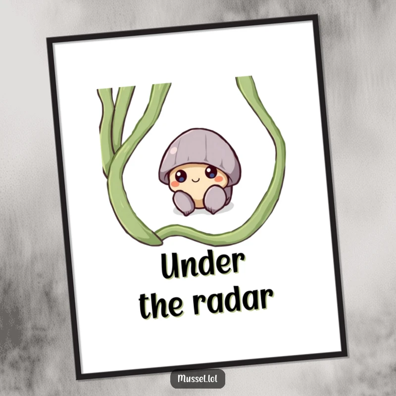 Funny digital art print of a shy mussel character peeking from under a seaweed frond, adding gentle undersea intrigue.