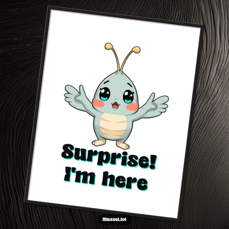 Funny digital art print of a surprised mussel character, arms flung open in a comical pose of shock, downloadable art.