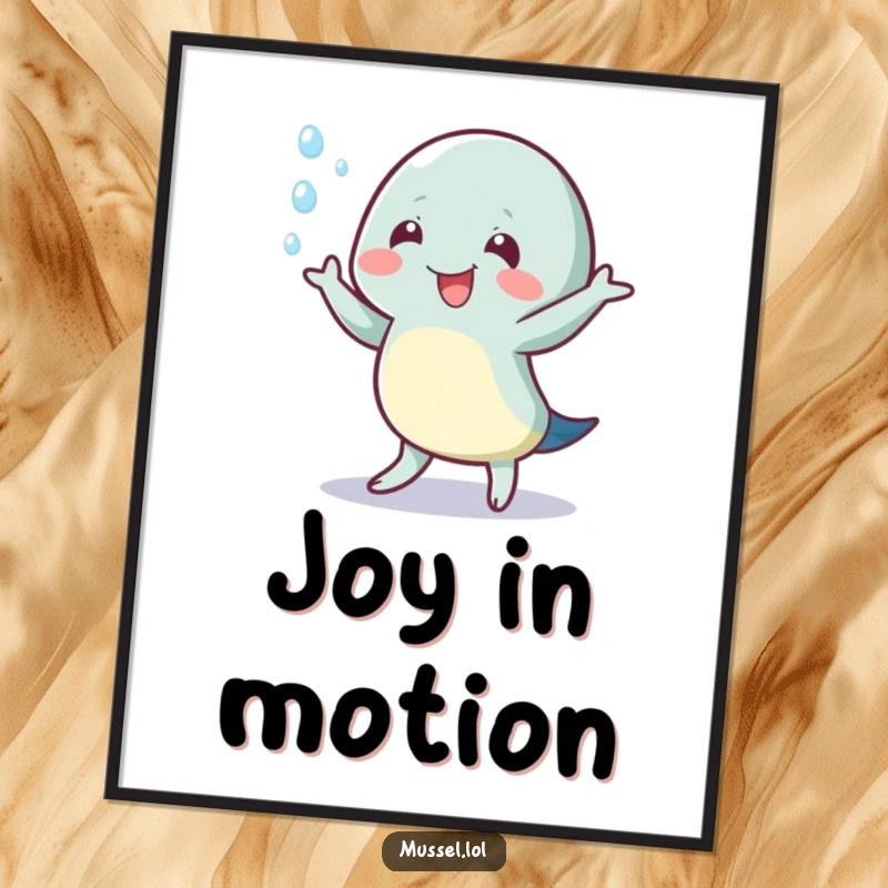 Funny digital art print of a mussel character doing a happy wiggle dance with water droplets, bringing animated joy.