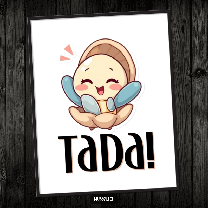 Funny digital art print of a mussel winking as it pops out of its shell with a flourish, ideal for humorous online decor.