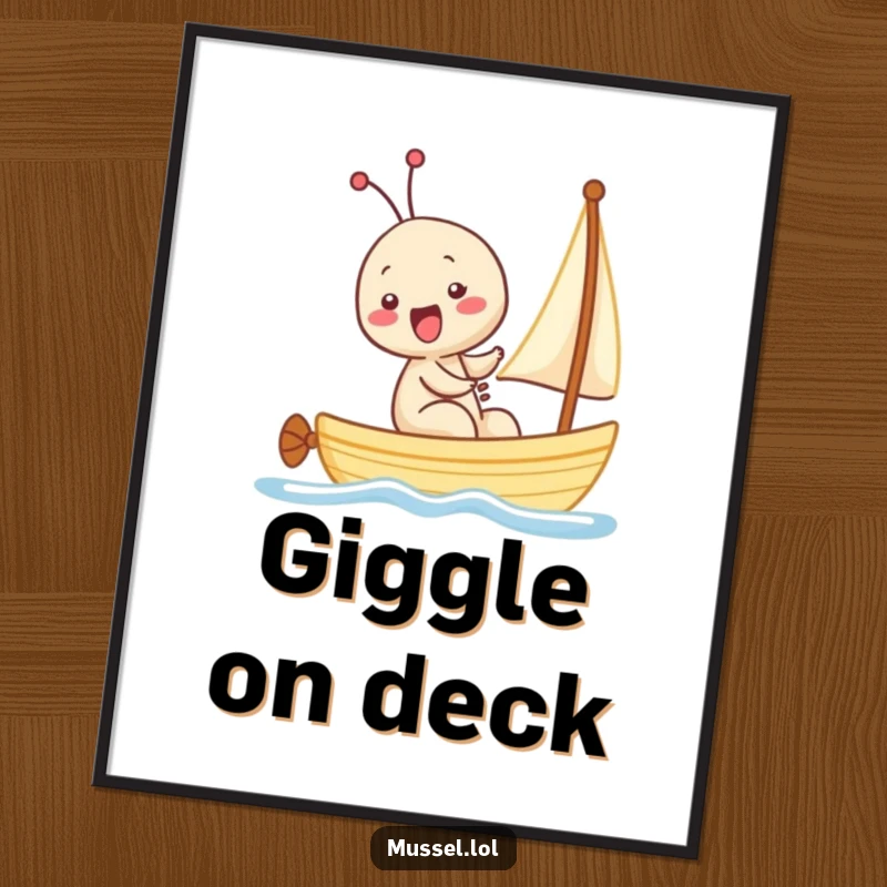 Funny Kawaii Mussel Digital Art: A printable artwork of a mussel character sailing and giggling, designed to bring immediate humorous delight.