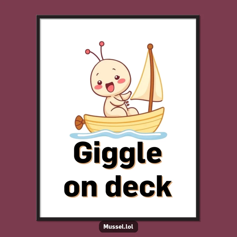 Funny Kawaii Mussel Giggling Sailboat Digital Art: Instant Laughs for Your Walls