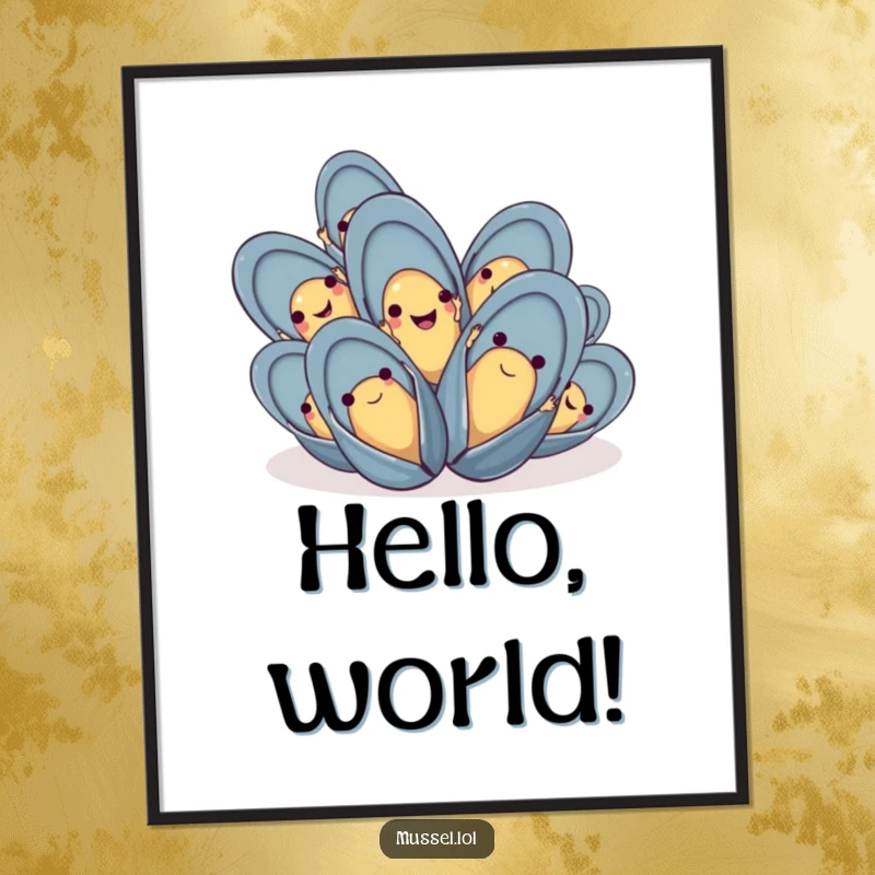 Funny mussel digital art print of a group of happy mussels waving their tiny hands, ideal for instant cheerful decor.