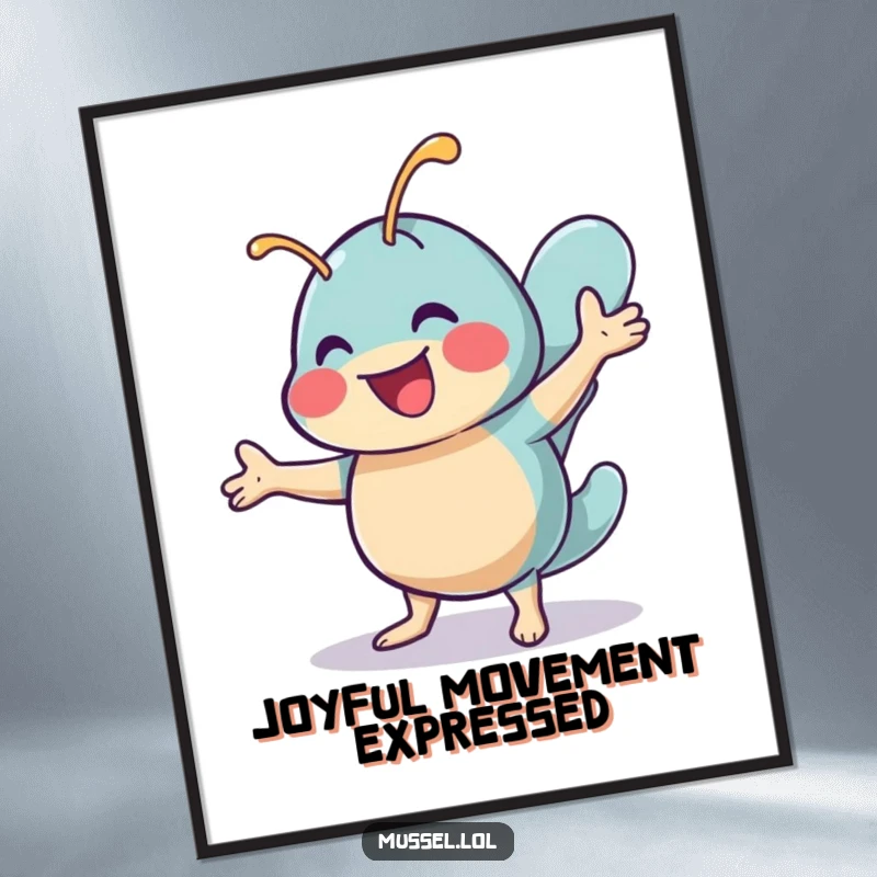 Funny digital art print of a cheerful mussel character doing a lively shimmy dance, perfect for instant energetic wall decor.