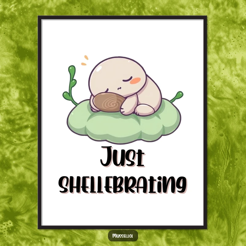 Funny Mussel Digital Art Print: Peaceful mussel character snoozing on seaweed, offering a humorous and tranquil visual for instant download.