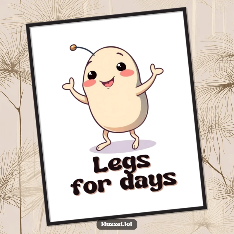 Funny Mussel Digital Art: A smiling mussel with legs doing a silly dance, perfect for humorous and energetic digital or printed decor.