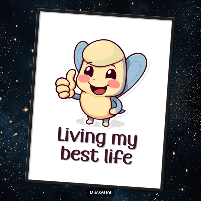 Funny mussel digital art print of a smiling character giving a thumbs up, ideal for instant humorous decor.