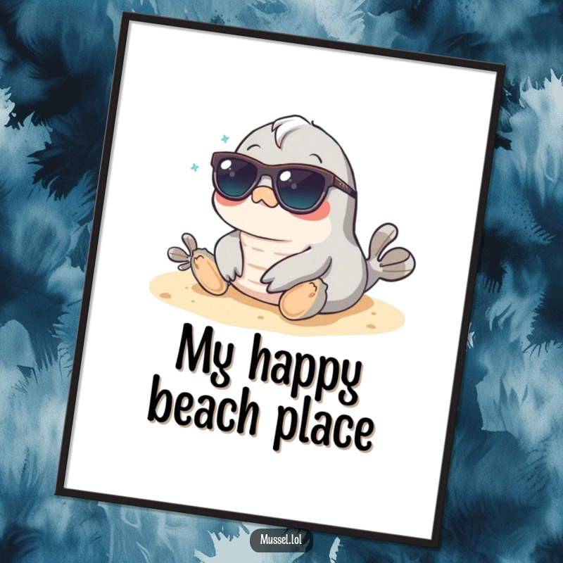 Funny Mussel Digital Art Print: A mussel wearing sunglasses relaxes on the beach, capturing a cool and carefree vacation spirit.