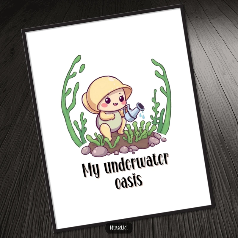 Funny Mussel Digital Art Print: A mussel waters a kelp garden, a peaceful scene symbolizing growth and care, ideal for instant decor.