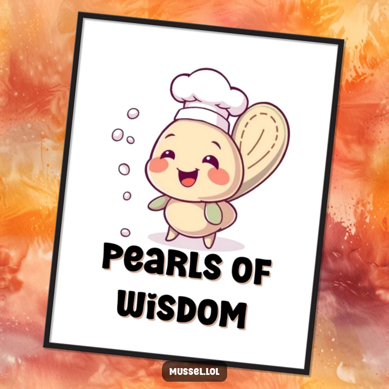 Funny chef mussel art, wearing a hat and juggling pearls, designed for digital download and printing, full of humor.