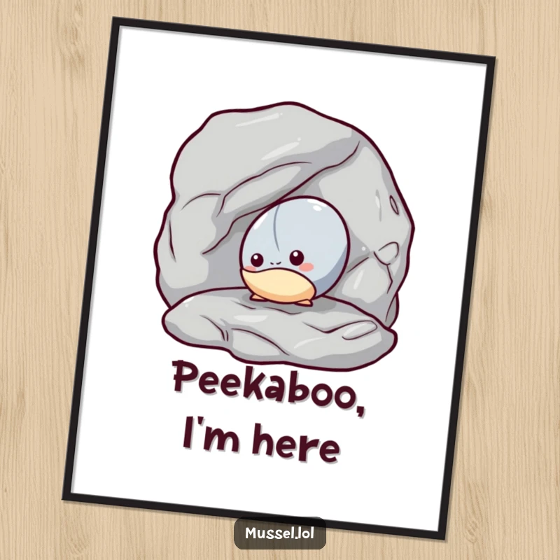 Funny Mussel Shy Art Print: A shy mussel peeking out from behind a rock, conveying endearingly humorous shyness in art.
