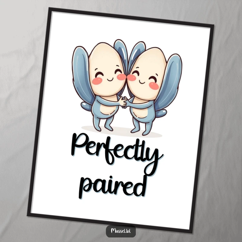 Funny mussel digital art print featuring a sweet pair of mussels holding hands and smiling, ready to print.