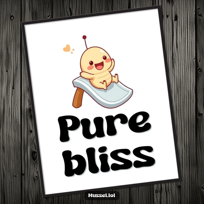 Funny mussel digital art print of a character joyfully sliding down an imaginary slide, conveying pure happiness and movement.