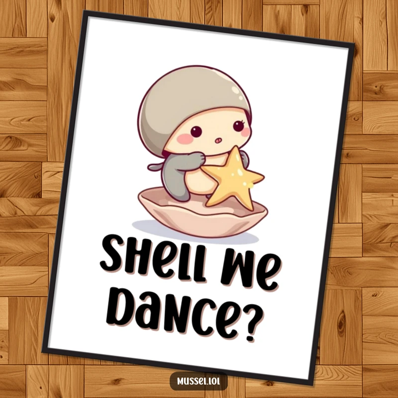 Funny mussel digital art print of a mussel character humorously attempting to balance a starfish on its shell, ideal for quirky decor.