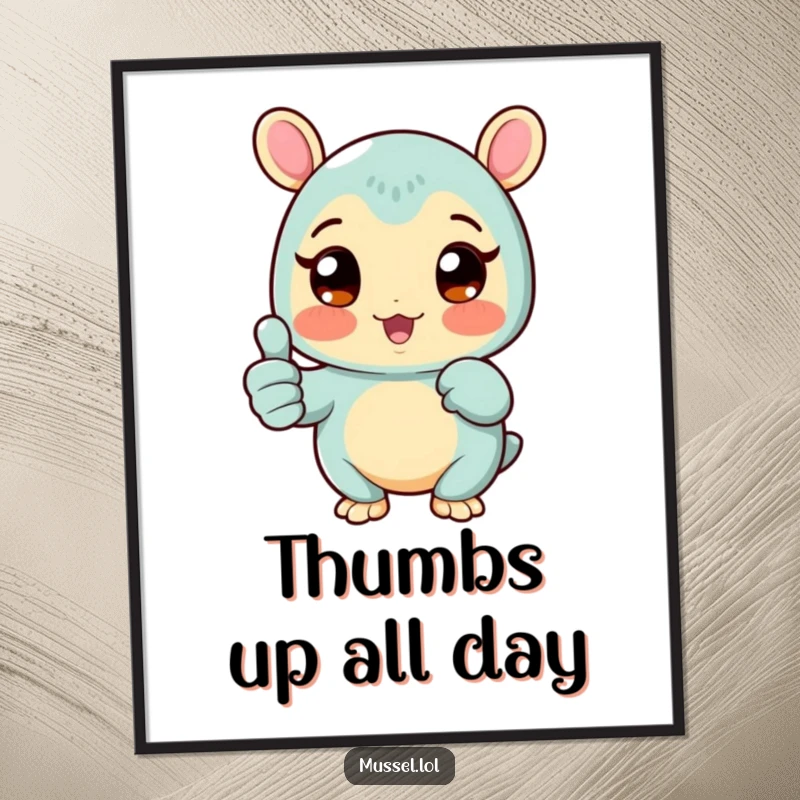 Funny Mussel Digital Art Print of a rosy-cheeked mussel character giving a thumbs up, bringing infectious positivity anywhere, a superb funny gift.