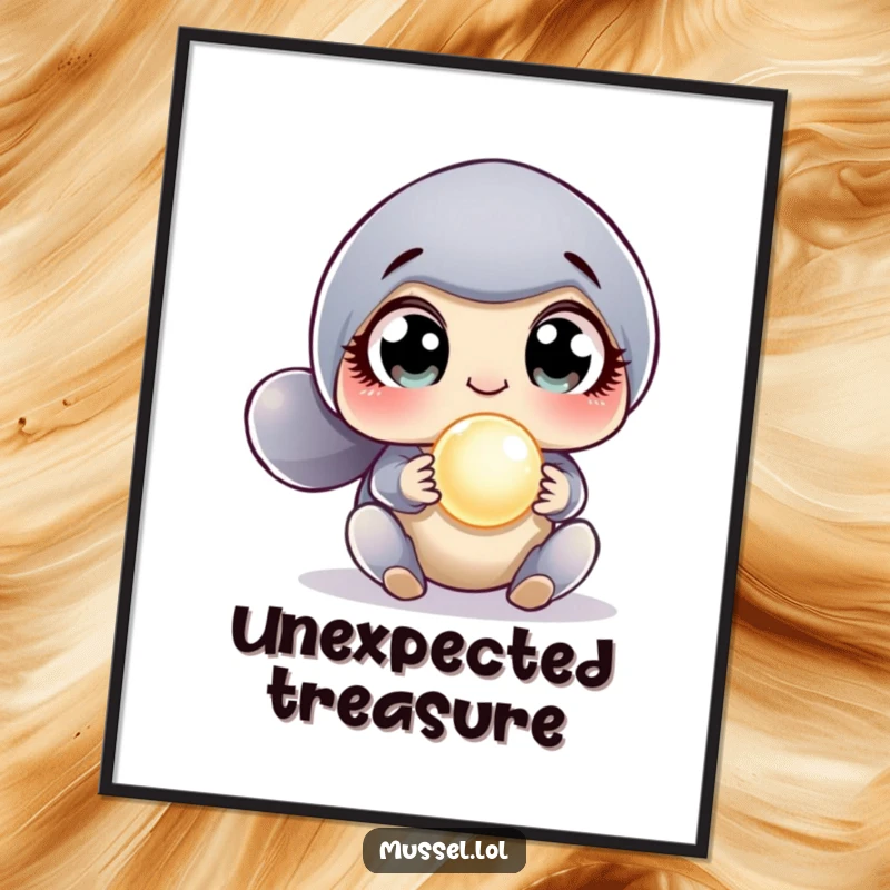 Funny Surprised Mussel Digital Art Print showing a mussel with wide, shocked eyes discovering a shimmering pearl, ready for immediate display.