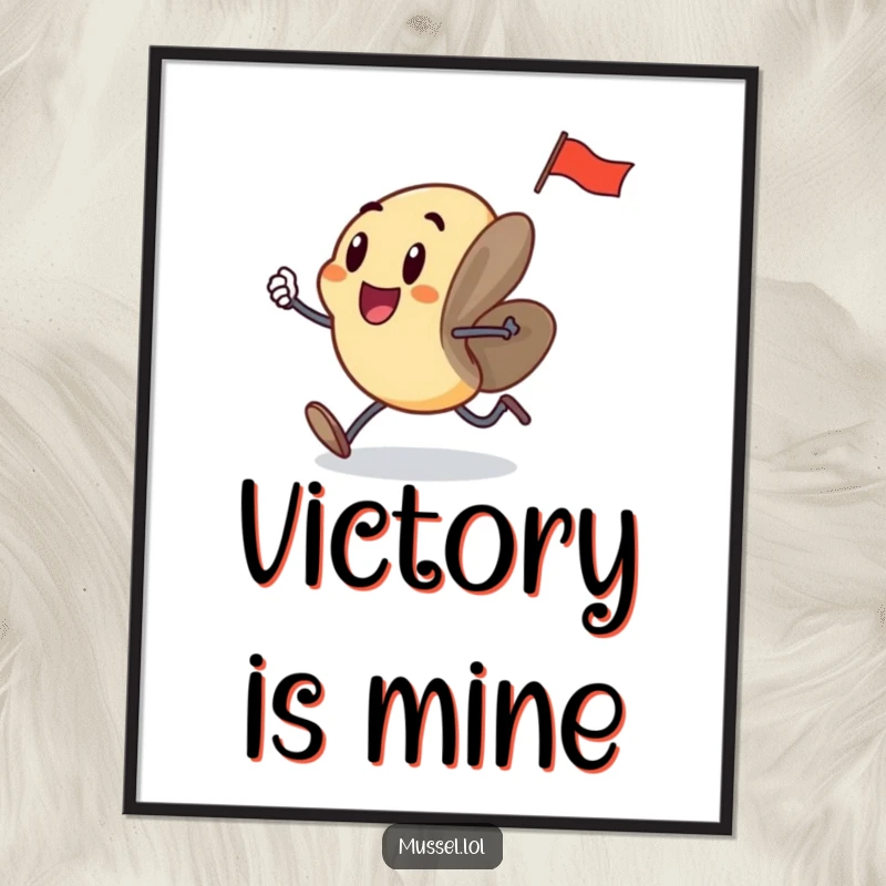 Funny mussel art, legs running with a flag, excited expression, designed for digital download and printing, full of energy.