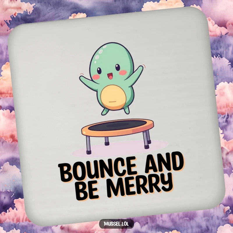 Funny mussel character bouncing on a trampoline on a protective drink coaster.
