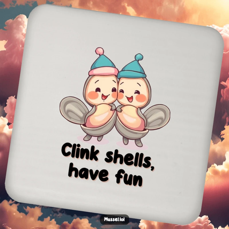 Funny mussels in jaunty caps, bumping shells playfully, featured on drink coasters, adding humor to gatherings.