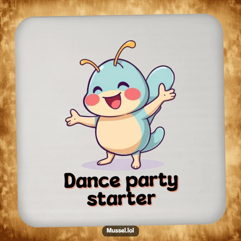 Funny drink coasters featuring a cheerful mussel character doing a lively shimmy dance, offering joyful charm and surface protection.