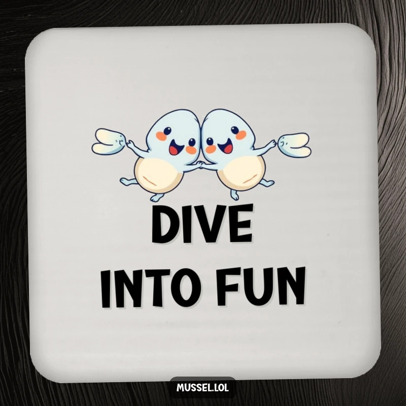 Funny Mussels Coaster featuring a synchronized swimming pair, safeguarding surfaces with hilarious aquatic flair, a great funny gift.