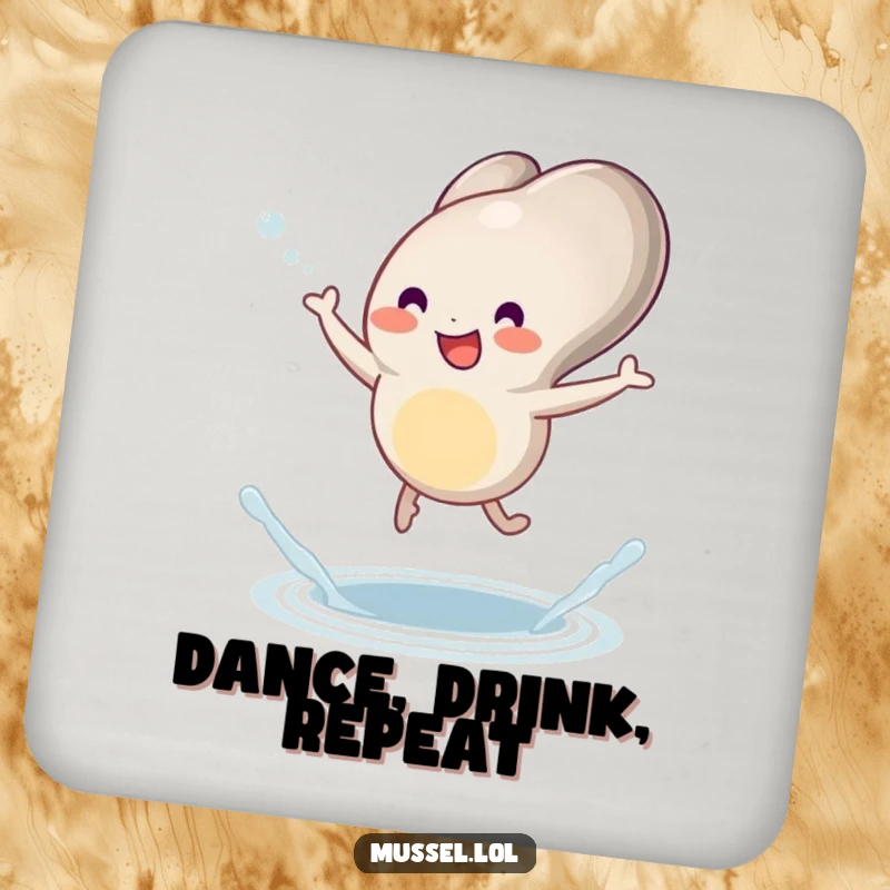 Funny mussel drink coaster with a character joyfully dancing with little legs and a tiny splash, perfect for protection.