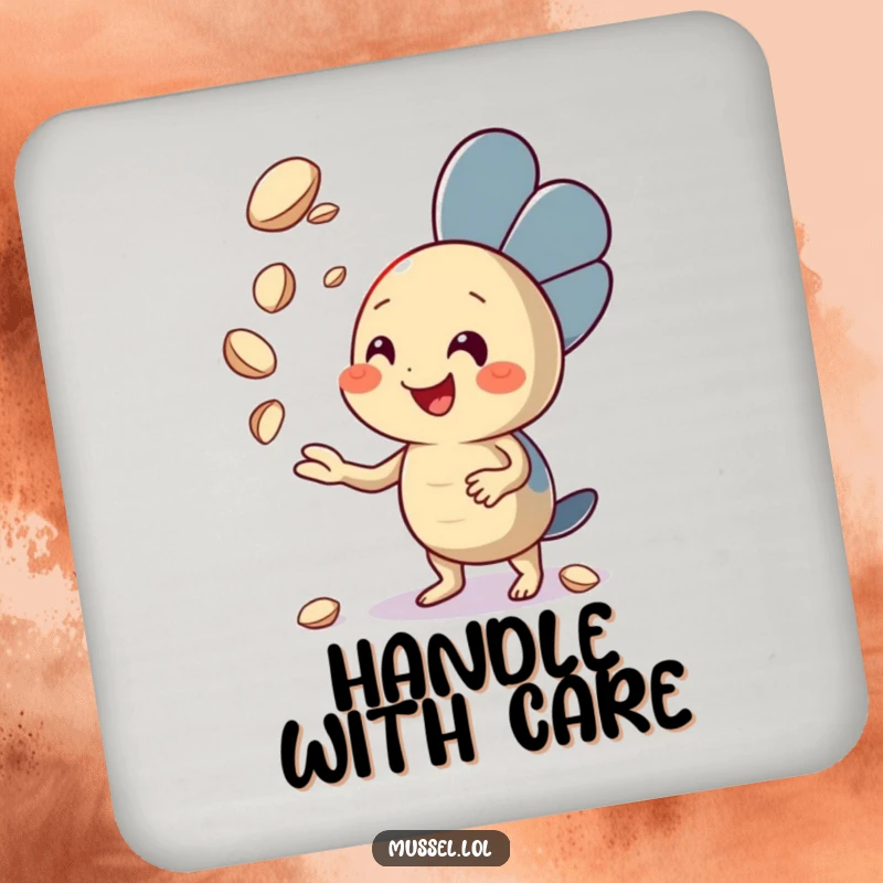 Funny Mussel Coaster featuring an enthusiastic mussel character juggling seashells, safeguarding surfaces with humorous skill, a great funny gift.