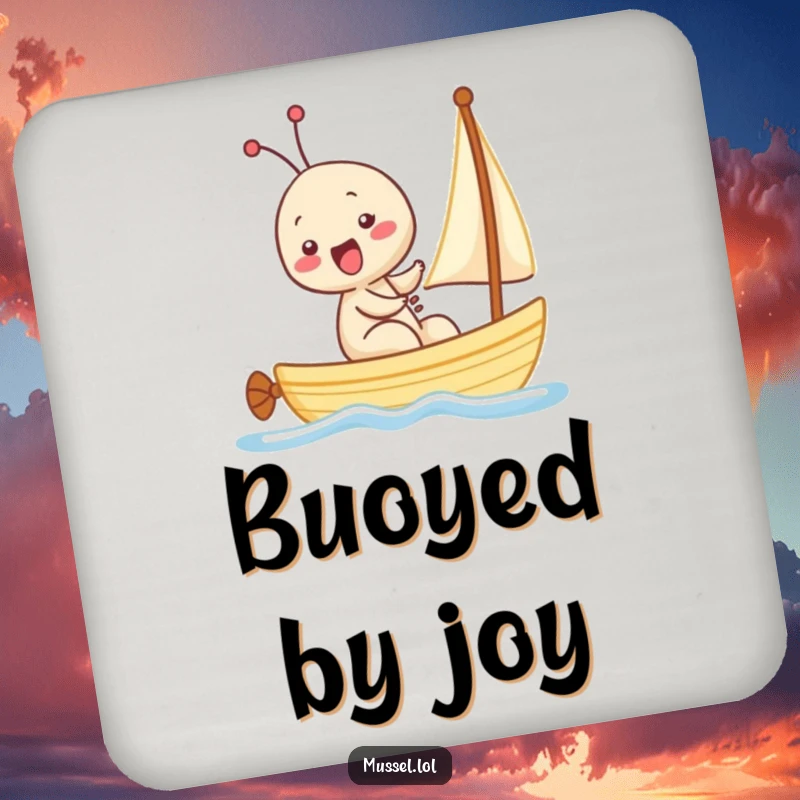 Funny Kawaii Mussel Coaster: A small coaster showcasing a mussel character giggling while sailing a tiny boat, adding humor to drinks.