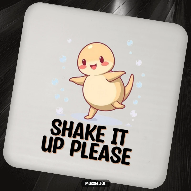 Funny Mussel Coaster: A miniature mussel performing a cartwheel with scattered bubbles, protecting surfaces with aquatic-themed, funny flair.