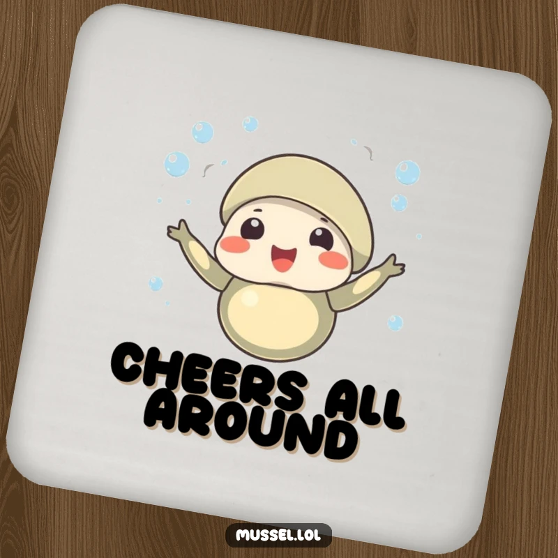 Funny drink coaster depicting a celebratory mussel character with tiny bubbles rising around it, a humorous accessory.