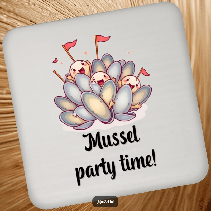 Funny Mussel Coaster Set: Group of excited mussels waving tiny flags, adding cheerful and humorous protection to surfaces.