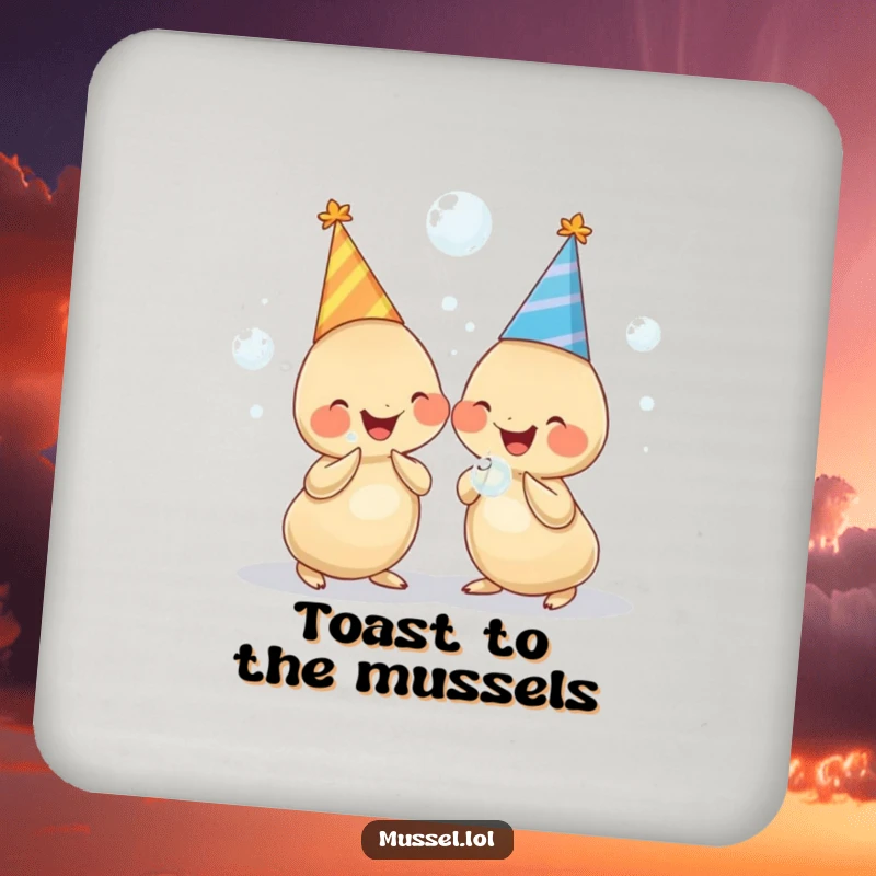 Funny drink coaster showing two chubby mussels wearing party hats, holding bubbles and giggling, adding a festive touch.