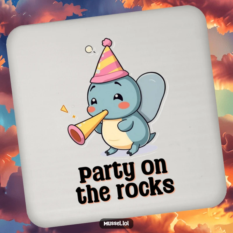 Funny Mussel Party Coasters: A cheerful mussel character in a party hat blows a party horn, humorous coasters for drinks.
