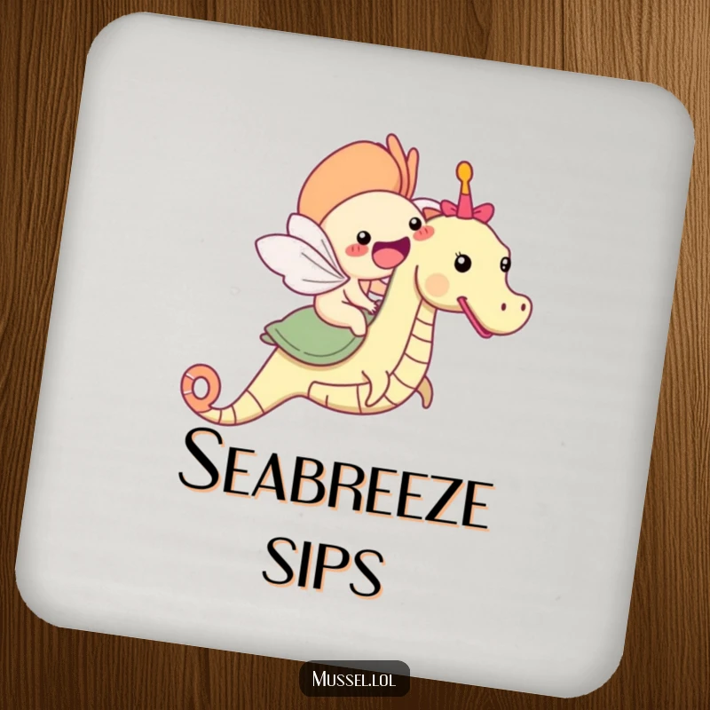 Funny mussel character riding a seahorse drink coaster, protecting surfaces with charm.