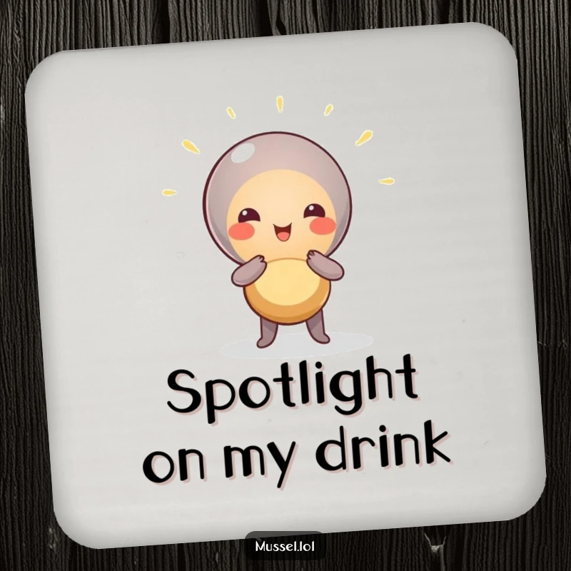 Funny Mussel Spotlight Coasters: A mussel character dramatically posing under a spotlight, adding humorous star quality to surfaces.