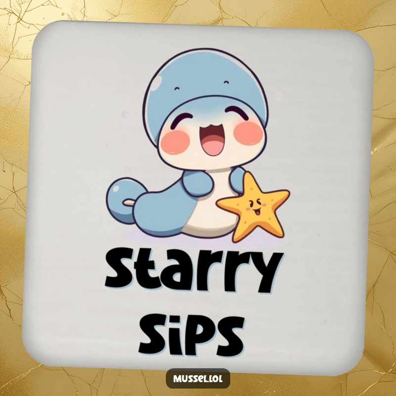 Funny mussel character and a starfish drink coaster, sharing a laugh, protecting surfaces.