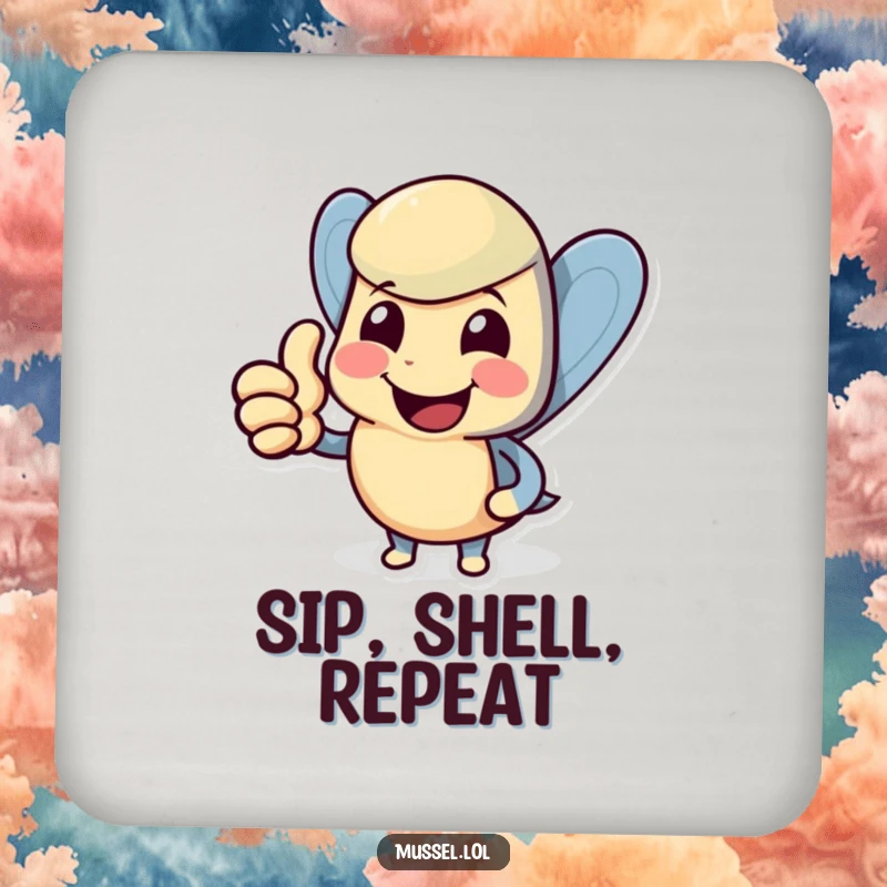 Funny mussel drink coaster featuring a smiling character giving a thumbs up, perfect for surface protection and humor.