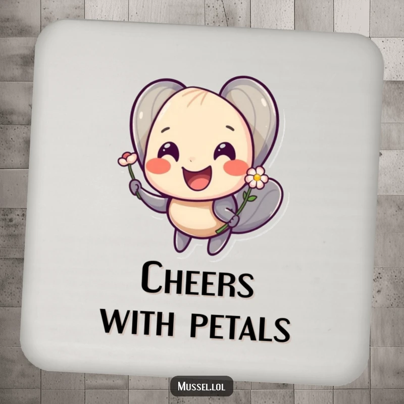 Funny drink coaster showing a smiling mussel character offering a tiny flower, adding charm and cheer.