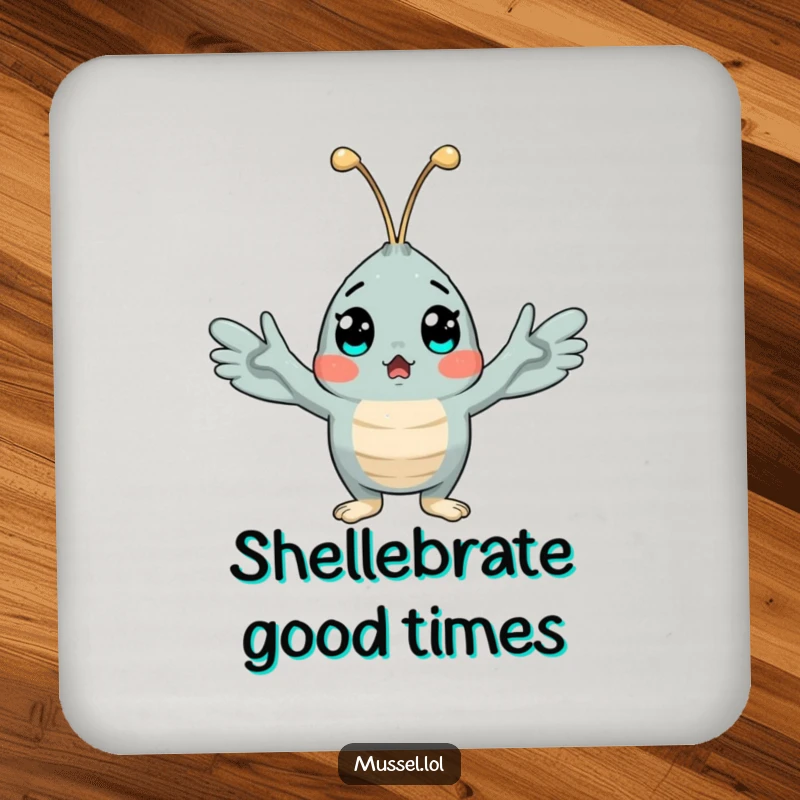 Funny drink coaster with a surprised mussel character, arms open wide in a comical expression of shock, protecting furniture.