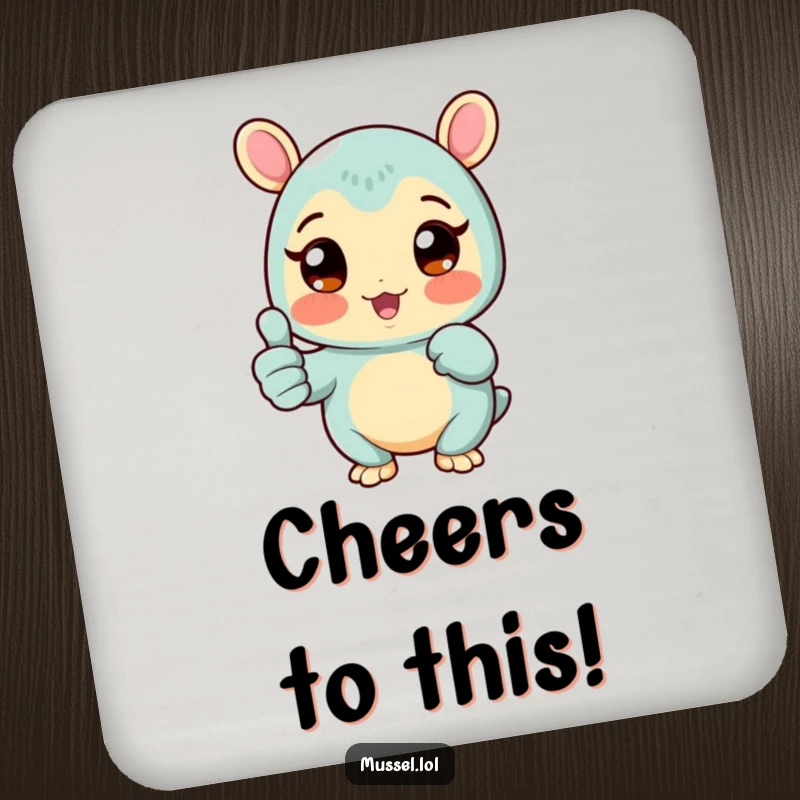 Funny Mussel Coaster featuring a rosy-cheeked mussel character giving a thumbs up, safeguarding surfaces with cheerful approval, a great funny gift.