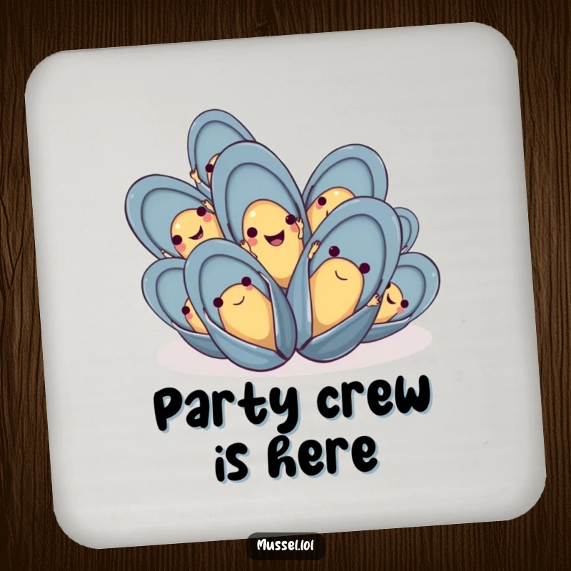 Funny mussel drink coaster with a group of happy mussels waving their tiny hands, perfect for protection and charm.