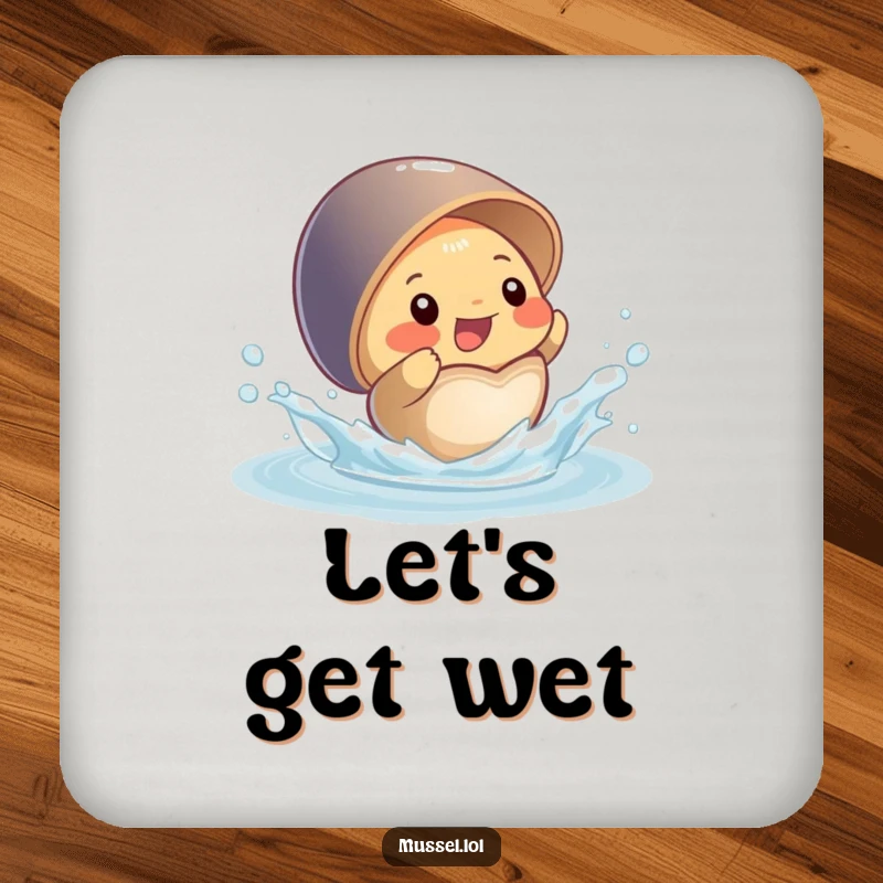 Funny drink coaster depicting a joyful mussel character splashing water from its open shell, a humorous accessory.