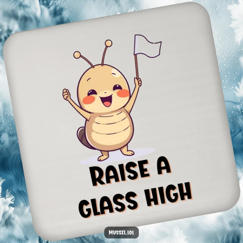 Funny joyful mussel character excitedly waving a tiny flag, a set of humorous drink coasters.