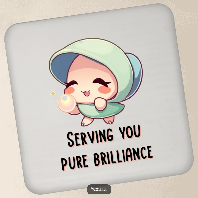 Funny Mussel Pearl Wink Coaster: A protective coaster featuring a mussel character winking and offering a shimmering pearl, perfect for parties.