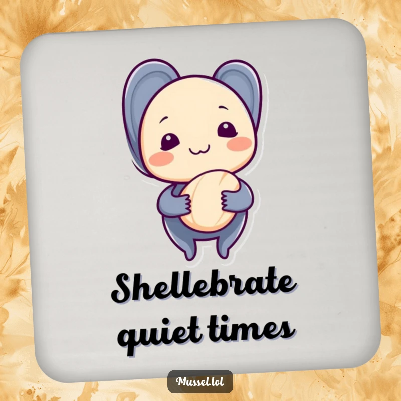 Funny mussel with a shy grin, holding a seashell, featured on drink coasters, adding gentle humor.