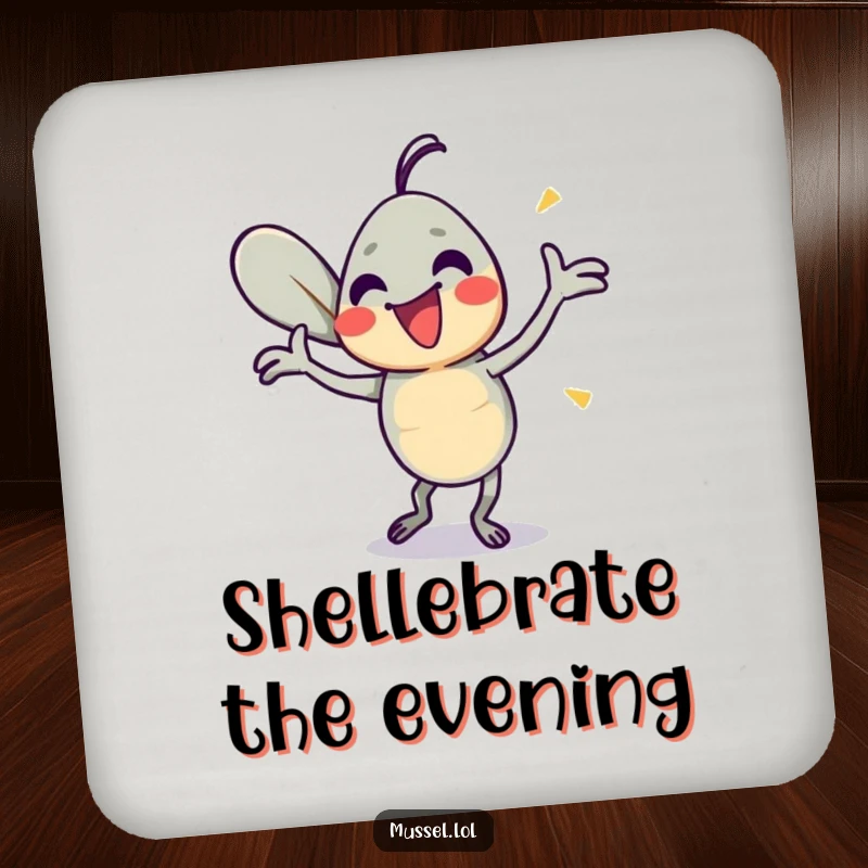 Funny Mussel Dance Coasters: A mussel character doing a silly, energetic dance with its shells, adding humorous flair to surfaces.