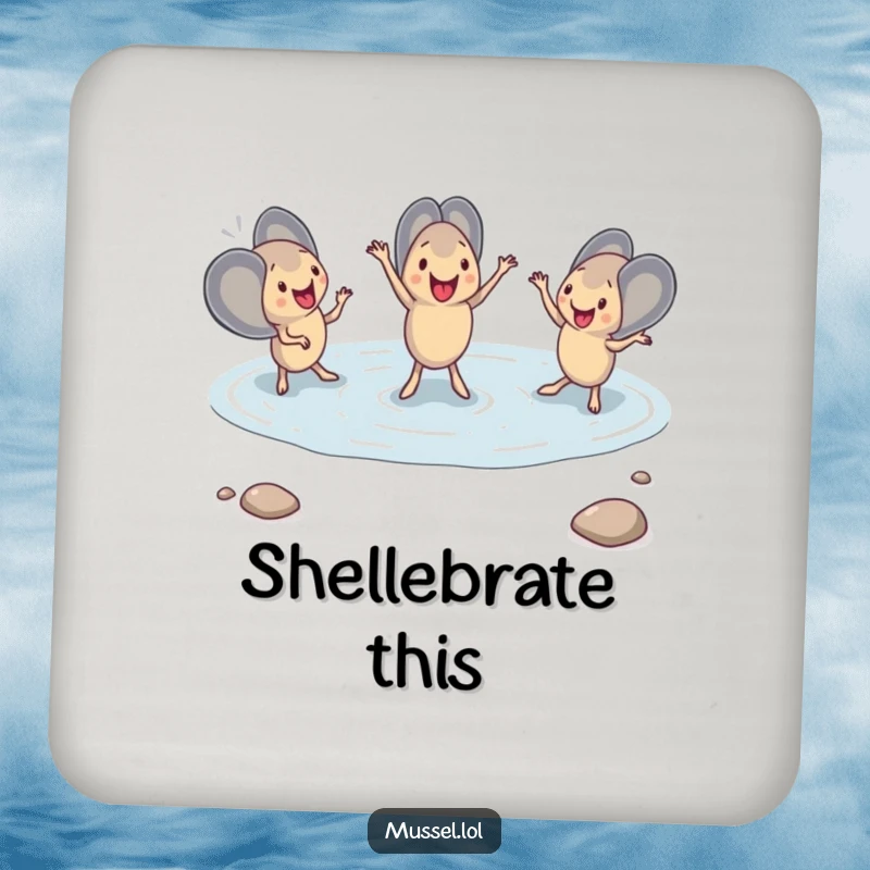 Funny Mussel Dance Coasters showcasing mussels in a synchronized dance routine in a tide pool, adding a touch of aquatic fun to beverage service.