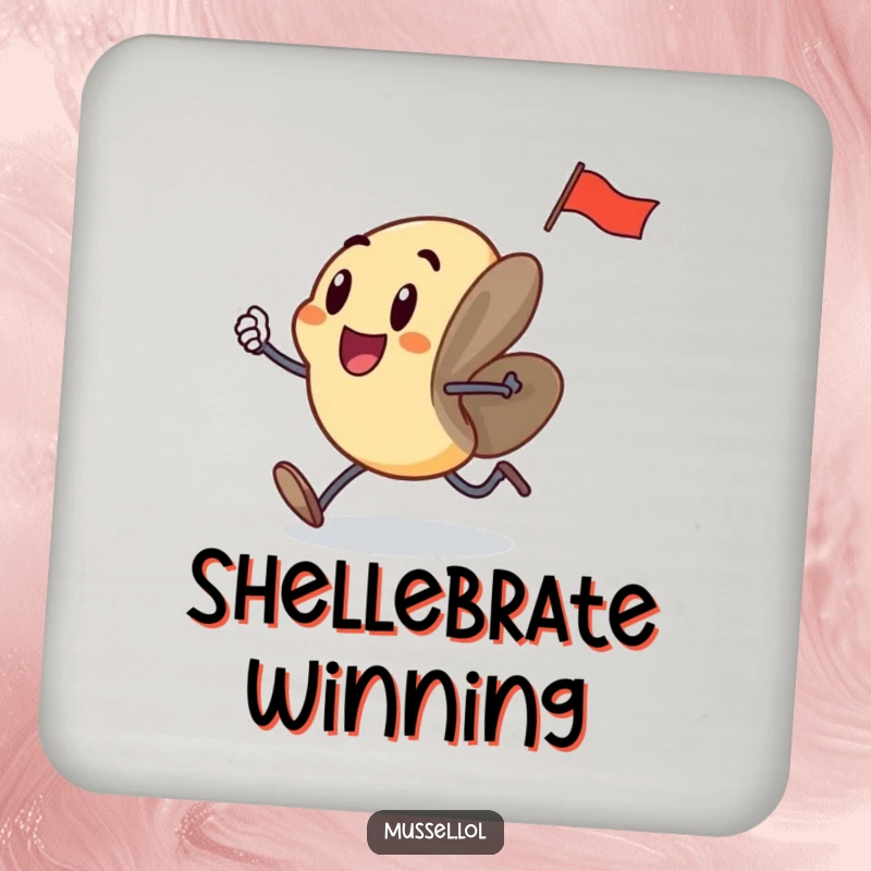 Funny mussel with legs running, flag in hand, looking excited, featured on drink coasters, adding humor to gatherings.