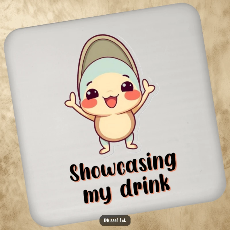 Funny mussel drink coaster with a character in a proud, silly pose with its shell open, perfect for protection.